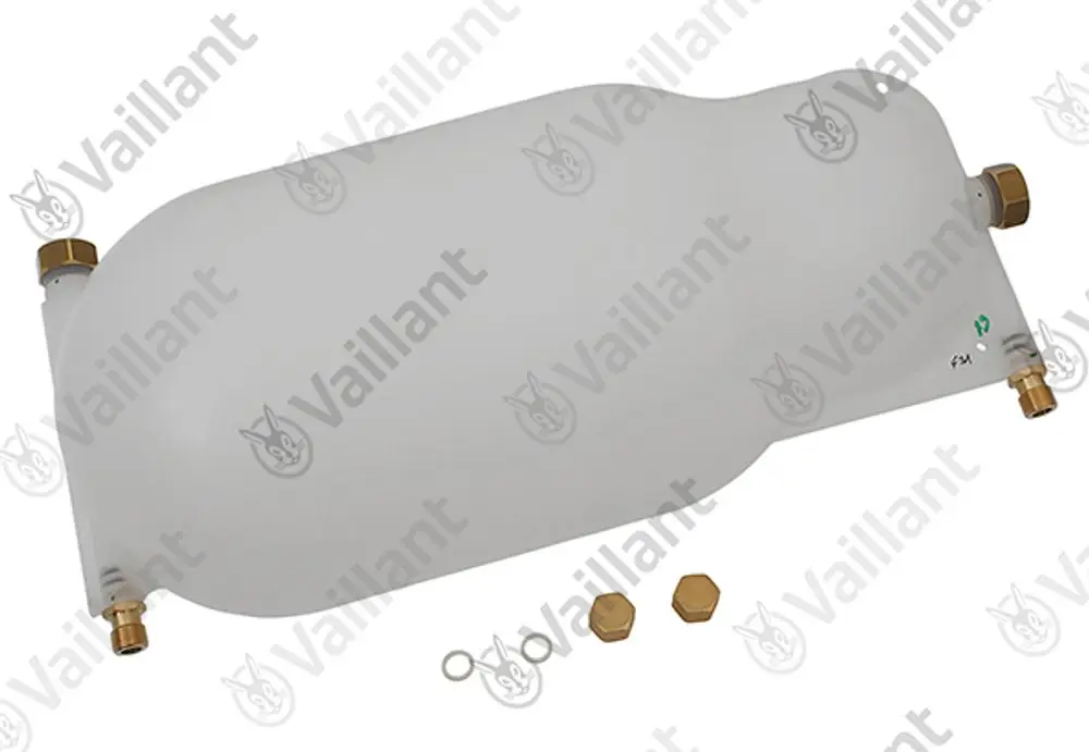 Vaillant Speicherbehälter mit zwei Anschlussöffnungen und zwei Schrauben auf der Unterseite, in ovaler Form und grauer Kunststoffoberfläche.